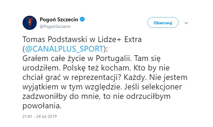 Kolejny zawodnik deklaruje CHĘĆ GRY dla reprezentacji Polski